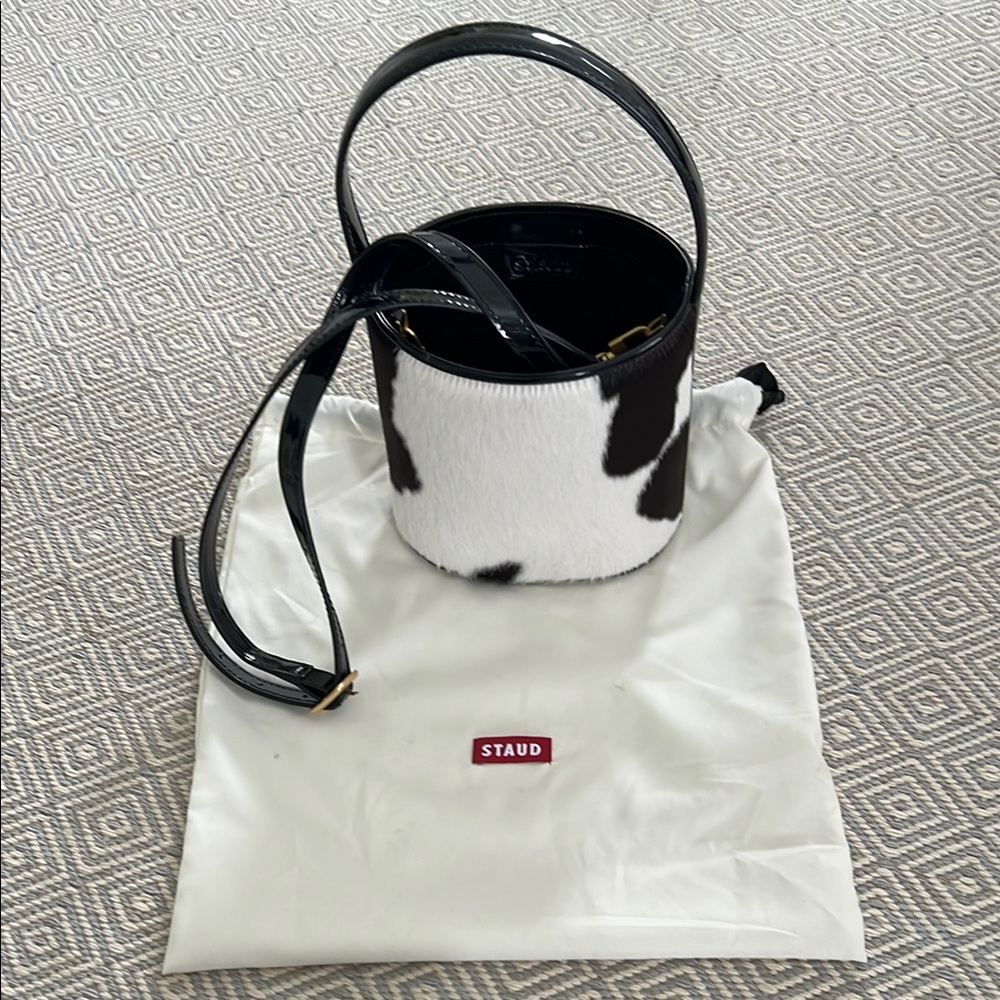 STAUD Pony Hair Patent Trim Bucket Bag